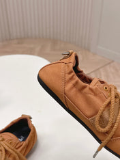 PRADA 26S LACE UP MINIMAL SNEAKERS IN CARAMEL BROWN CANVAS