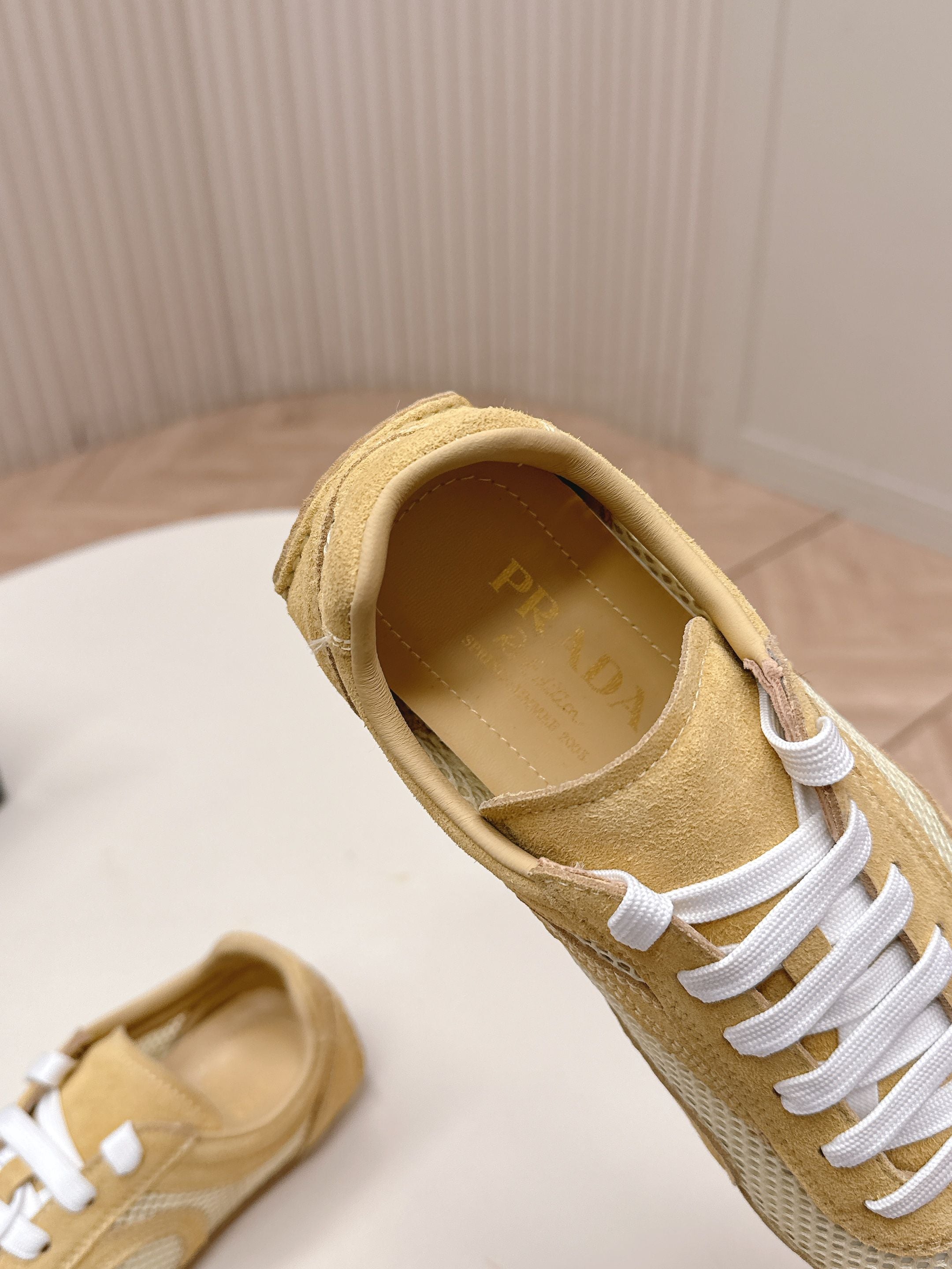 PRADA 26S CLASSIC SNEAKERS IN YELLOW SAND SUEDE AND MESH