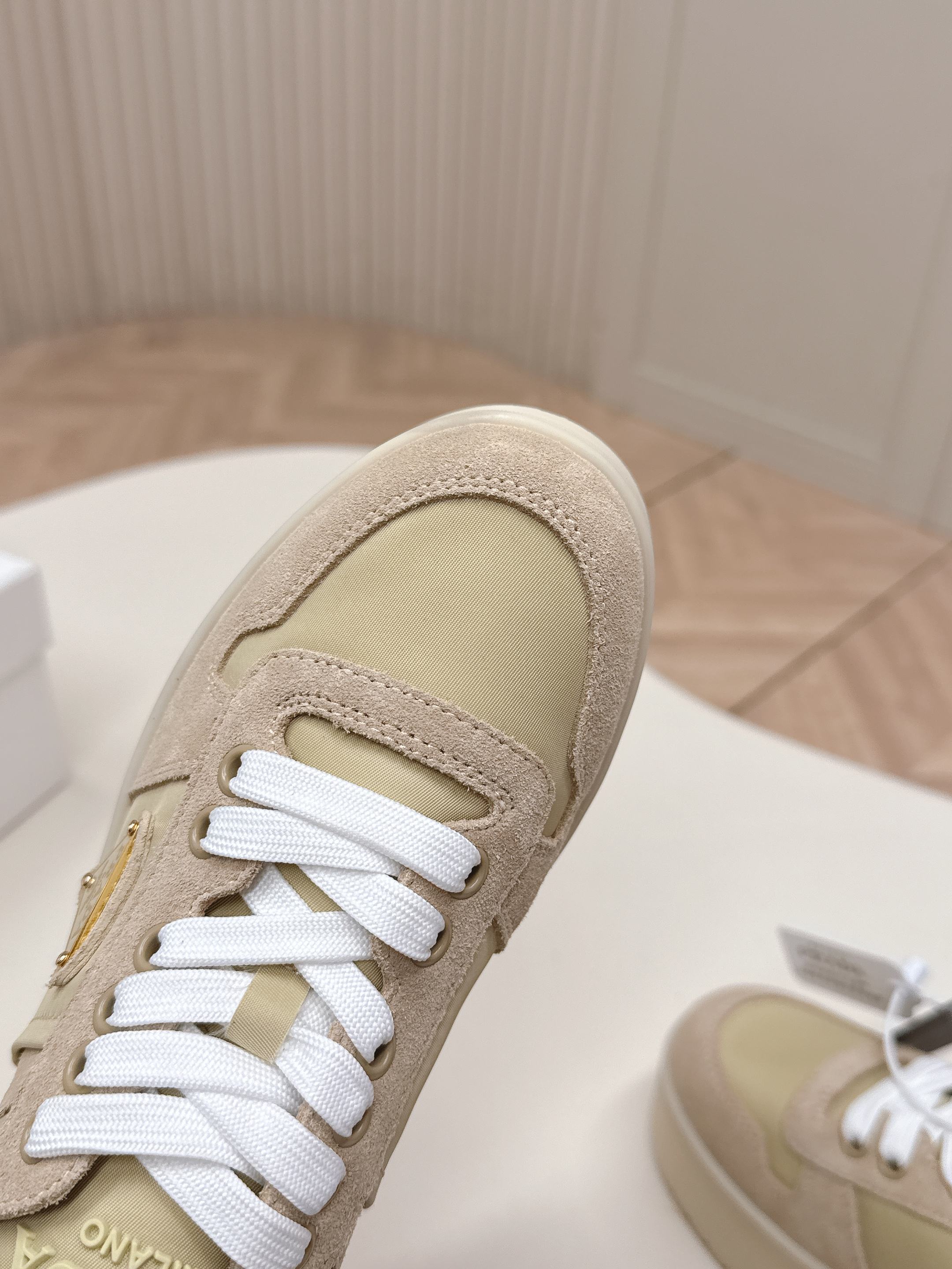 PRADA 26S PLATFORM SNEAKERS 50MM IN BEIGE SUEDE