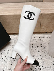 CHANEL 26S KNEE HIGH BOOTS 70 MM IN WHITE CALFSKIN AND BLACK PATENT