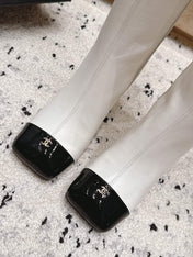 CHANEL 26S KNEE HIGH BOOTS 90 MM IN WHITE CALFSKIN AND BLACK PATENT