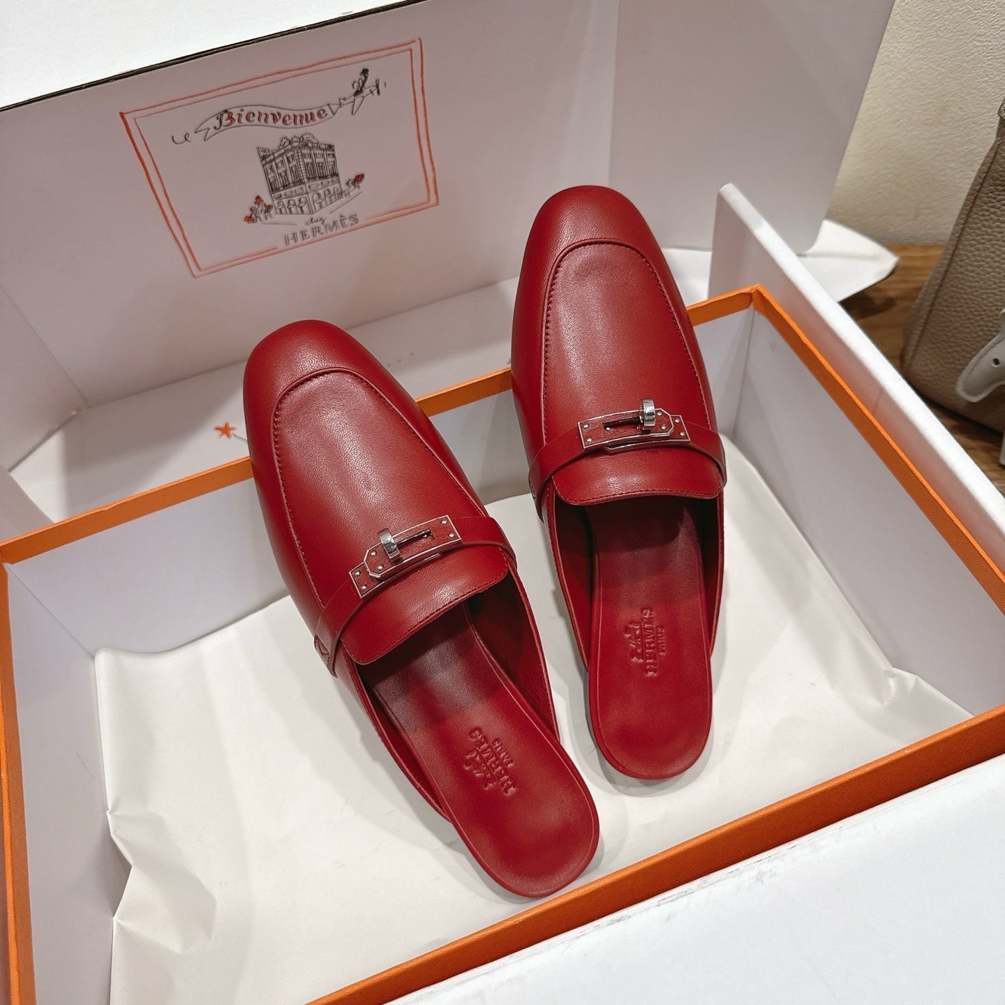 HM 26S KELLY MULE IN DARK RED CALFSKIN SILVER HARDWARE