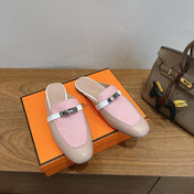 HM 26S OZ MULE IN BEIGE CALFSKIN & PINK LIZARD GOLD HARDWARE