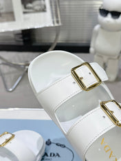 PRADA 25S STRAP SLIDES 30MM IN WHITE CALFSKIN GOLD HARDWARE