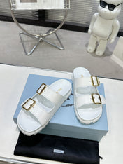 PRADA 25S STRAP SLIDES 30MM IN WHITE CALFSKIN GOLD HARDWARE