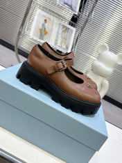 PRADA 25S PLATFORM MARY JANE SHOES IN BROWN CALFSKIN STYLE 1
