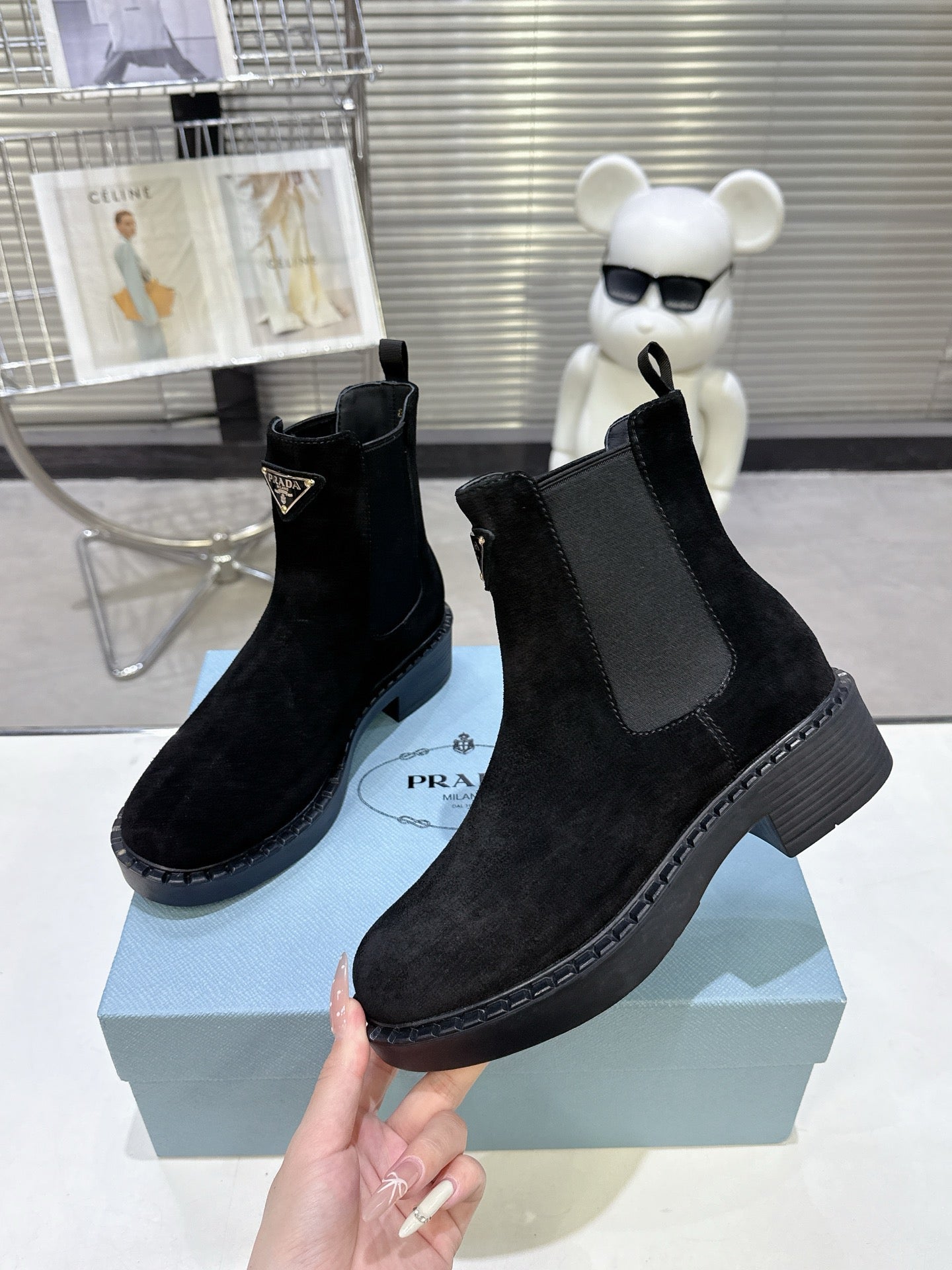 PRADA 25S RETRO PLATFORM MARTIN BOOTS IN BLACK SUEDE