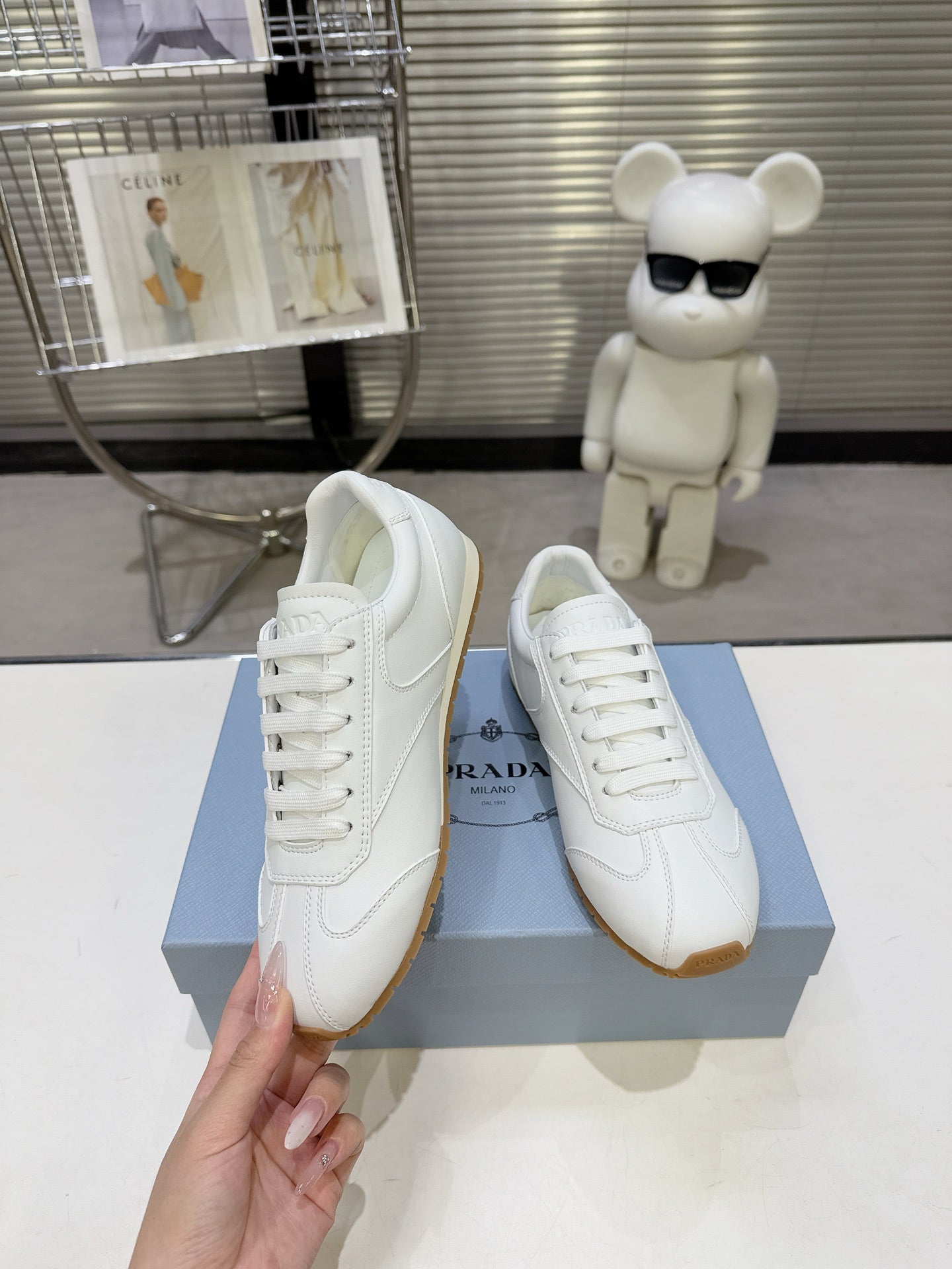 PRADA 26S LACE UP SNEAKERS IN WHITE CALFSKIN