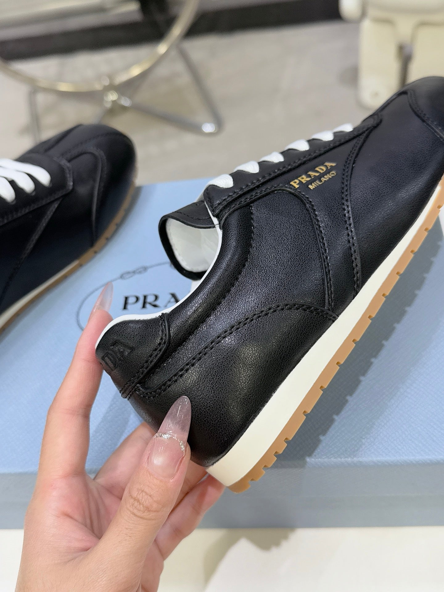 PRADA 26S LACE UP SNEAKERS IN BLACK CALFSKIN