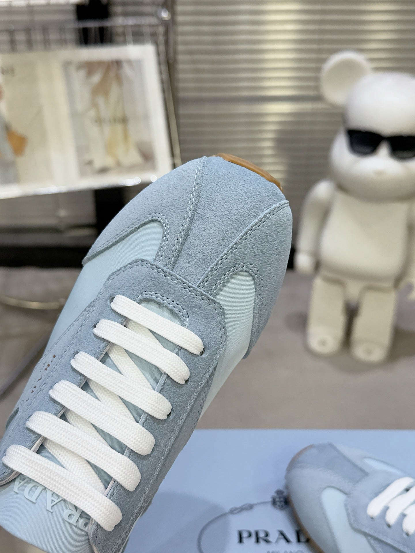 PRADA 26S LACE UP SNEAKERS IN LIGHT BLUE NYLON AND SUEDE