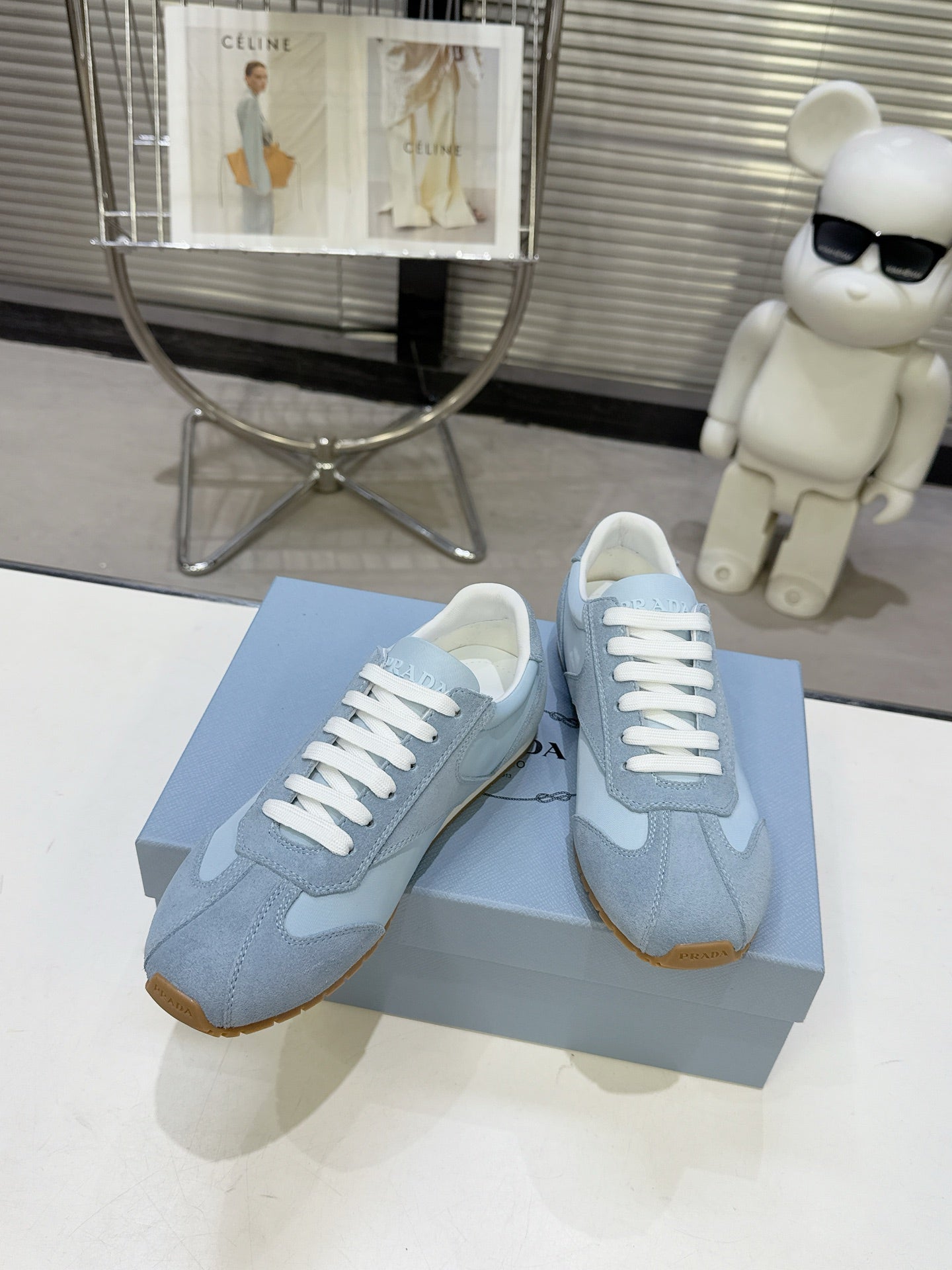 PRADA 26S LACE UP SNEAKERS IN LIGHT BLUE NYLON AND SUEDE