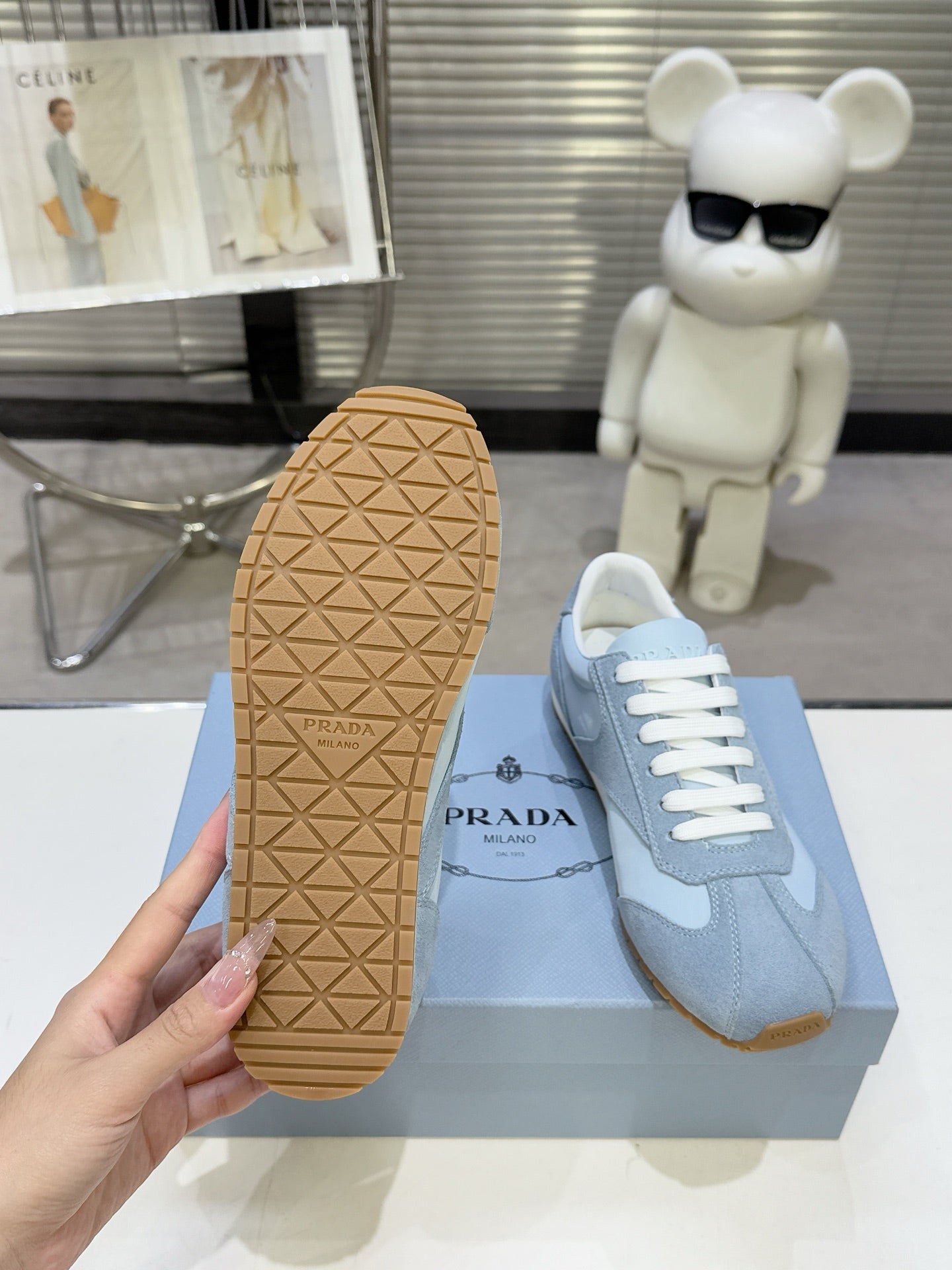 PRADA 26S LACE UP SNEAKERS IN LIGHT BLUE NYLON AND SUEDE