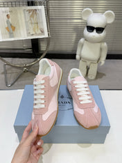 PRADA 26S LACE UP SNEAKERS IN PINK NYLON AND SUEDE