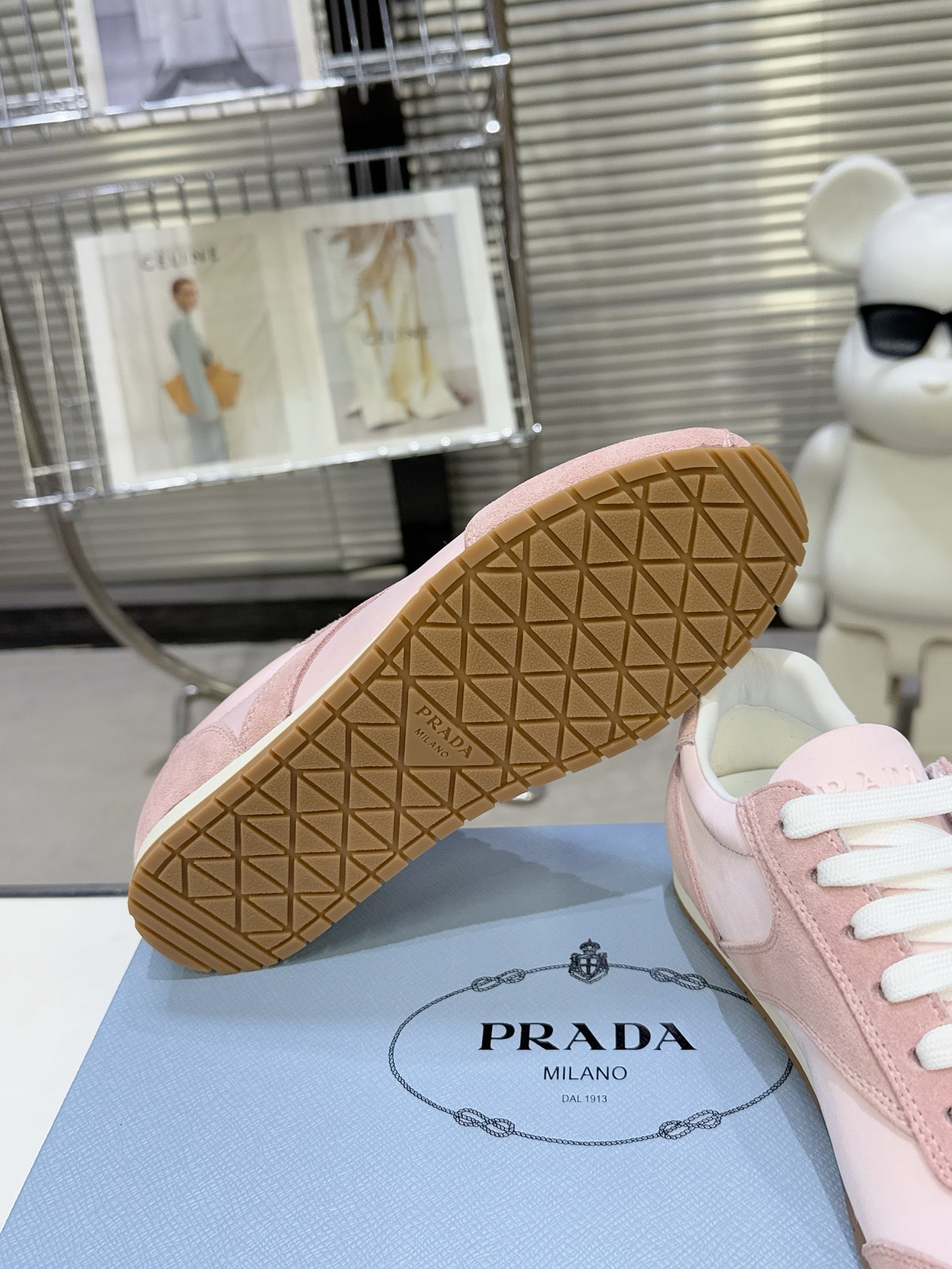 PRADA 26S LACE UP SNEAKERS IN PINK NYLON AND SUEDE