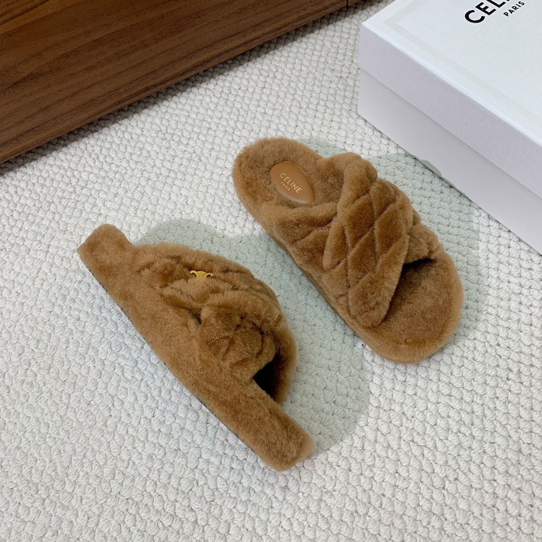 CELINE 26S CROSS-STRAP SANDALS IN BROWN WOOL