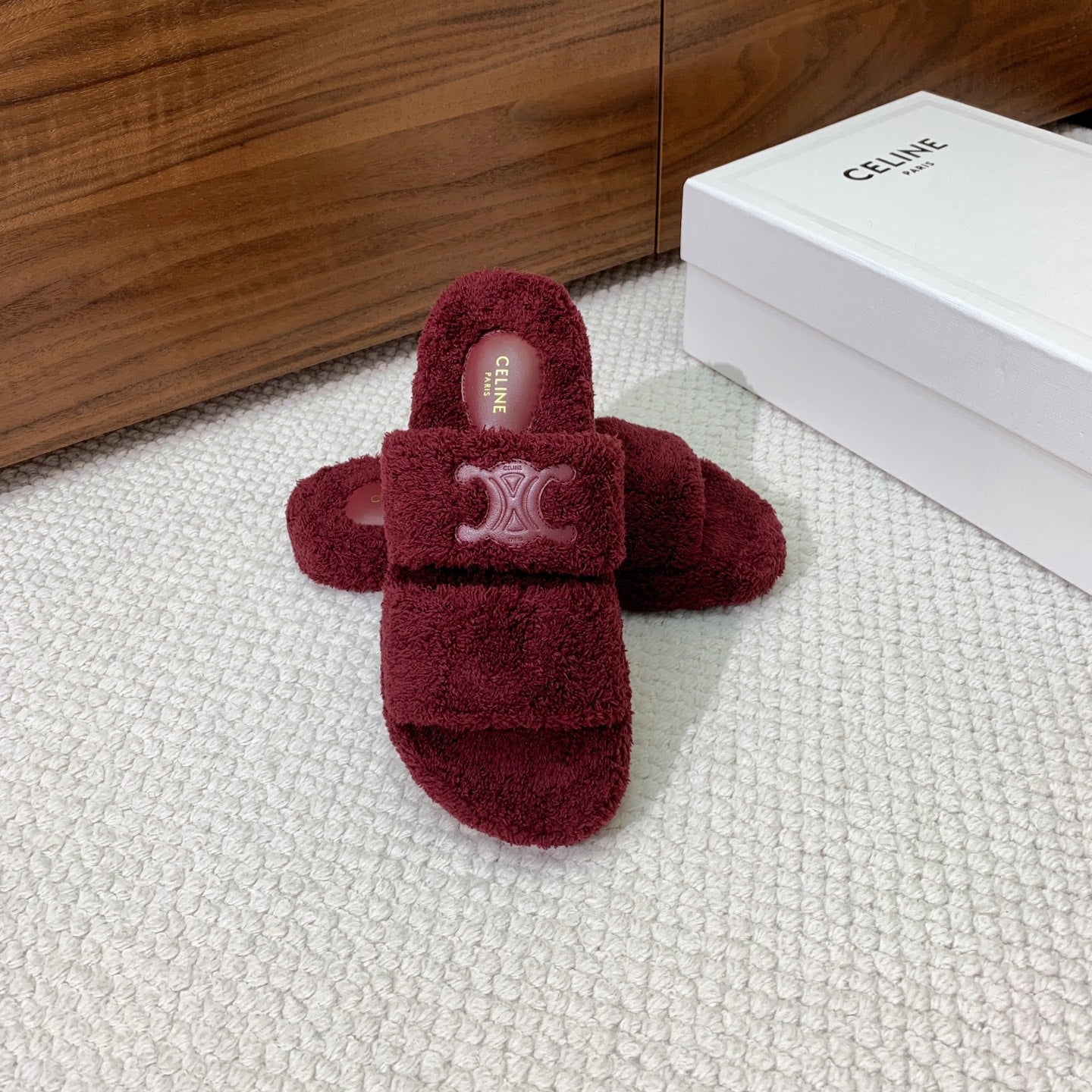 CELINE 26S TWO-STRAP SANDALS IN DARK RED WOOL