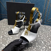 BALMAIN 26S HIGH-HEEL SANDALS 95 MM IN BLACK AND WHITE CALFSKIN
