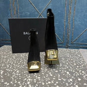 BALMAIN 26S BOOTS 65 MM IN BLACK SUEDE AND GOLD CALFSKIN