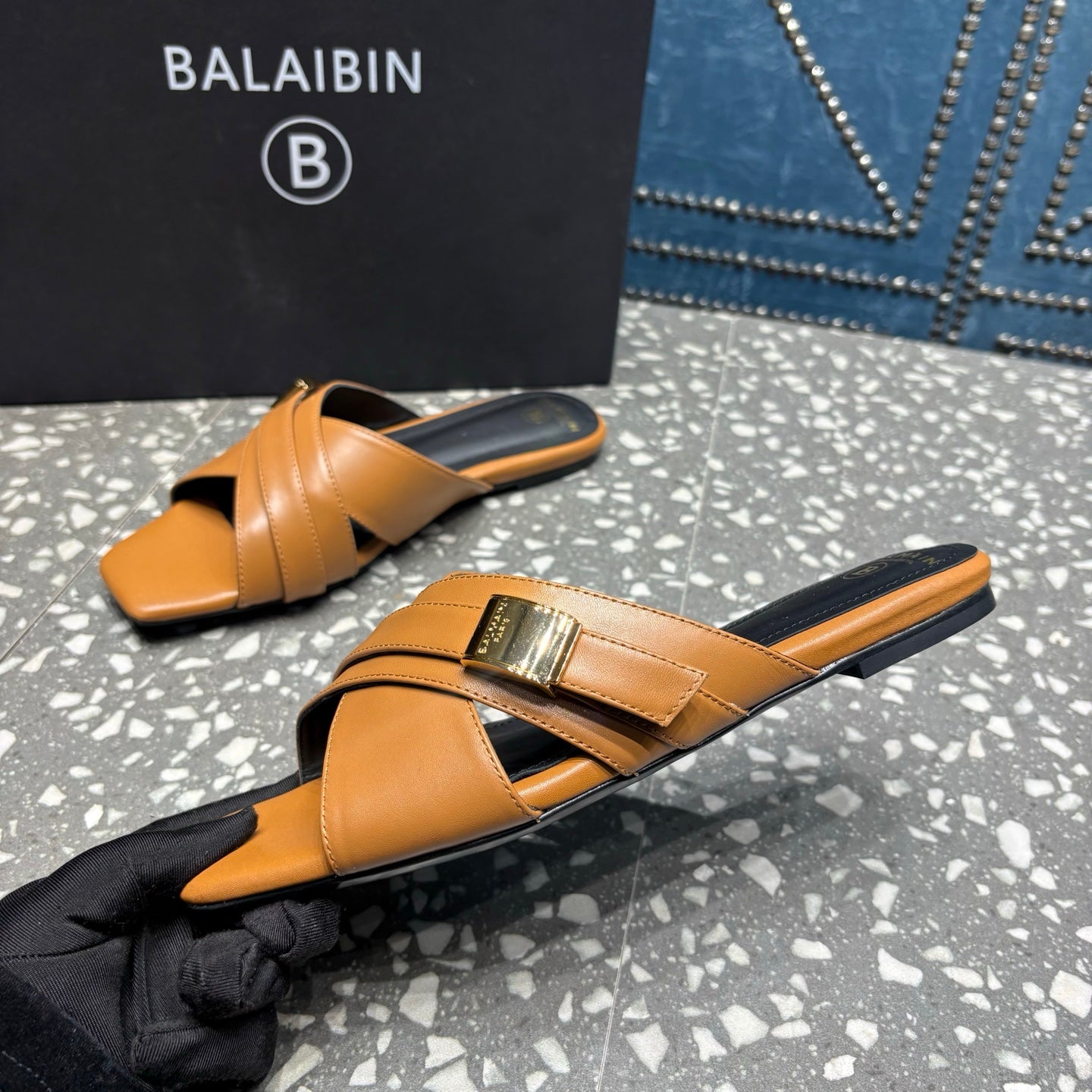 BALMAIN 26S CROSS-STRAP SLIDES IN BROWN CALFSKIN