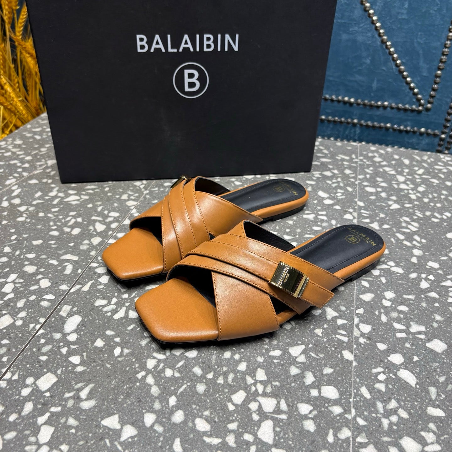BALMAIN 26S CROSS-STRAP SLIDES IN BROWN CALFSKIN