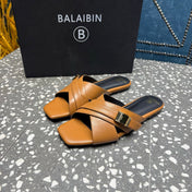 BALMAIN 26S CROSS-STRAP SLIDES IN BROWN CALFSKIN