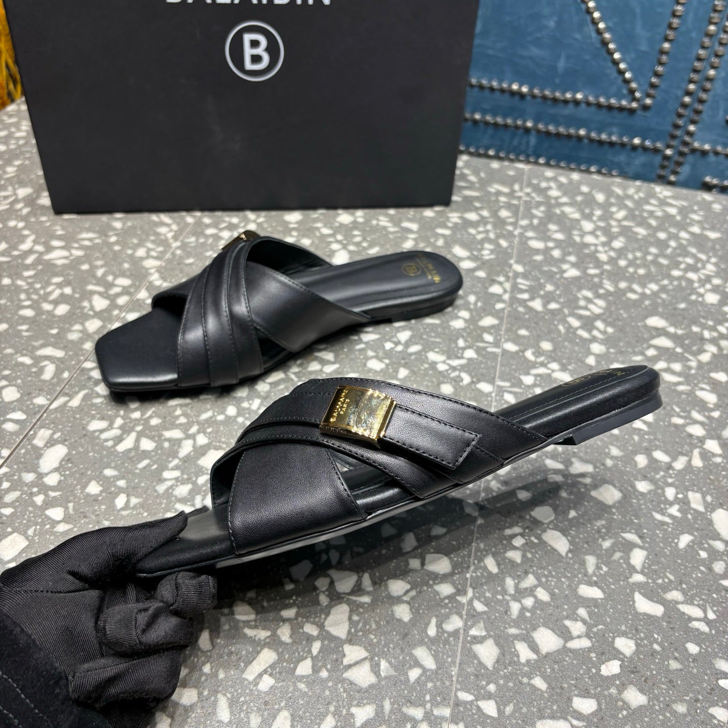 BALMAIN 26S CROSS-STRAP SLIDES IN BLACK CALFSKIN