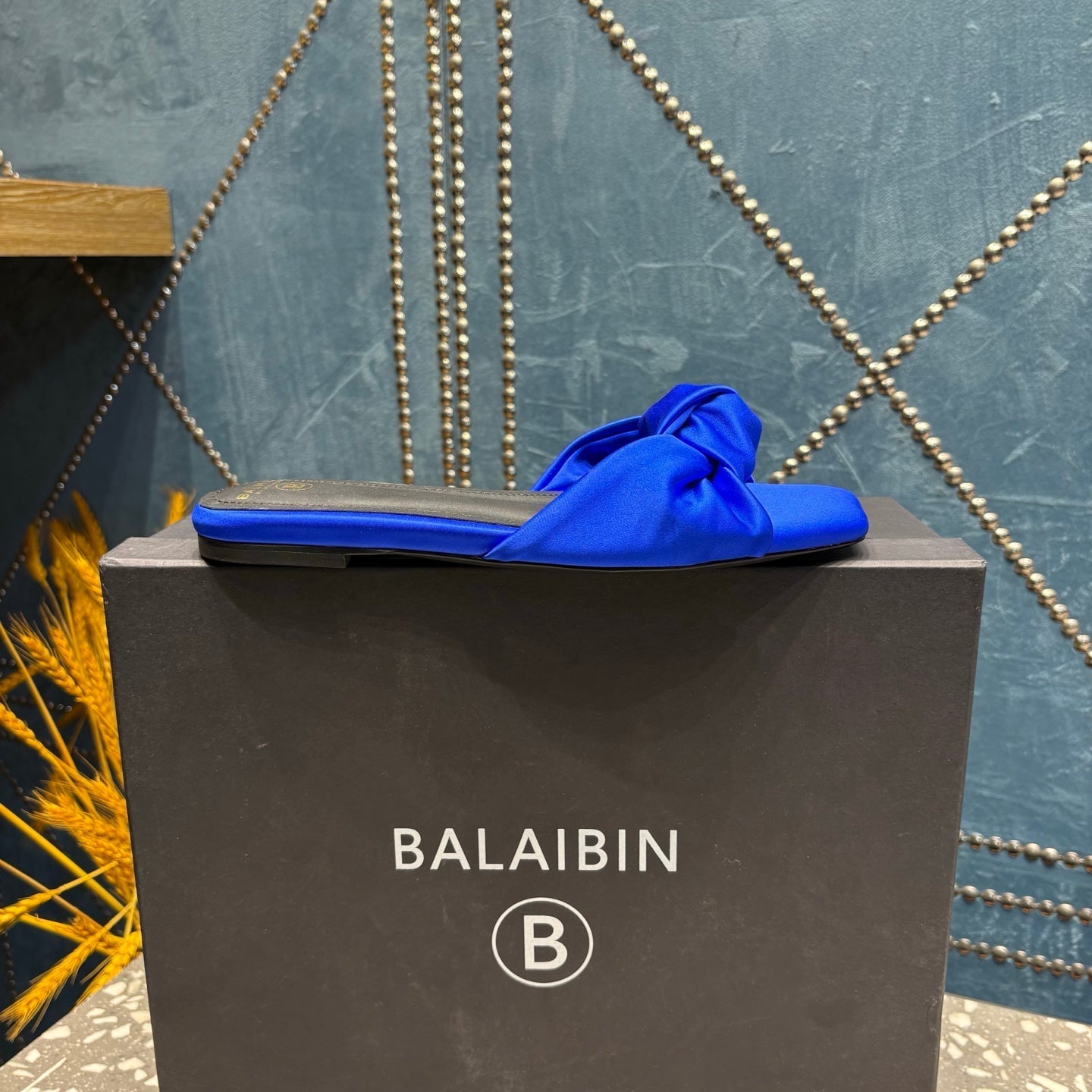 BALMAIN 26S SLIDES IN NAVY BLUE SATIN