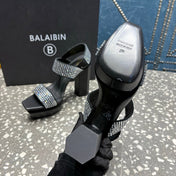 BALMAIN 26S HIGH-HEELED SANDALS 105 MM IN BLACK CALFSKIN WITH SILVER STONE EMBELLISHED