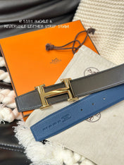 HM 5382 BELT GOLD BUCKLE & REVERSIBLE NAVY BLUE LEATHER STRAP 38MM