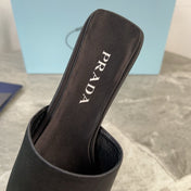 PRADA 25S TRIANGLE HEEL SANDALS 35MM IN BLACK SATIN