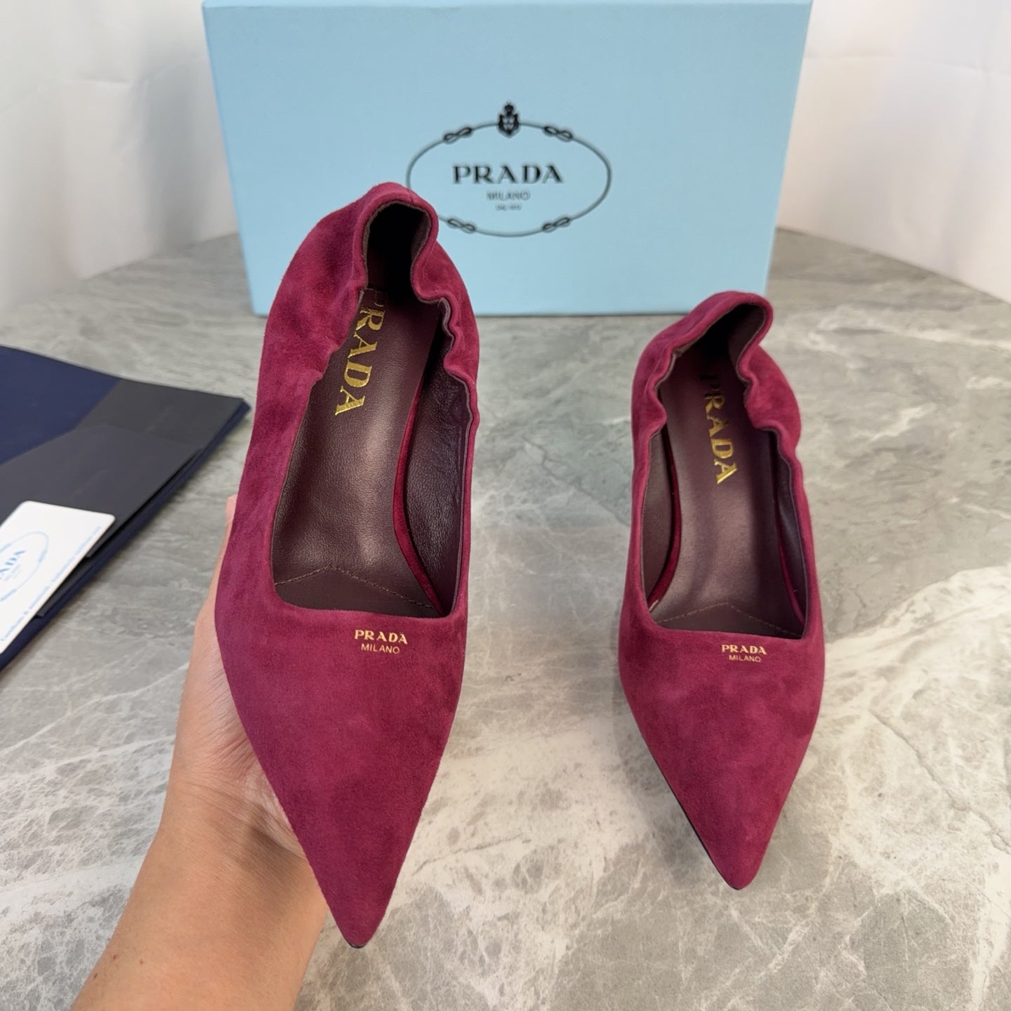 PRADA 25S HIGH HEELS 75 MM IN DARK RED SUEDE