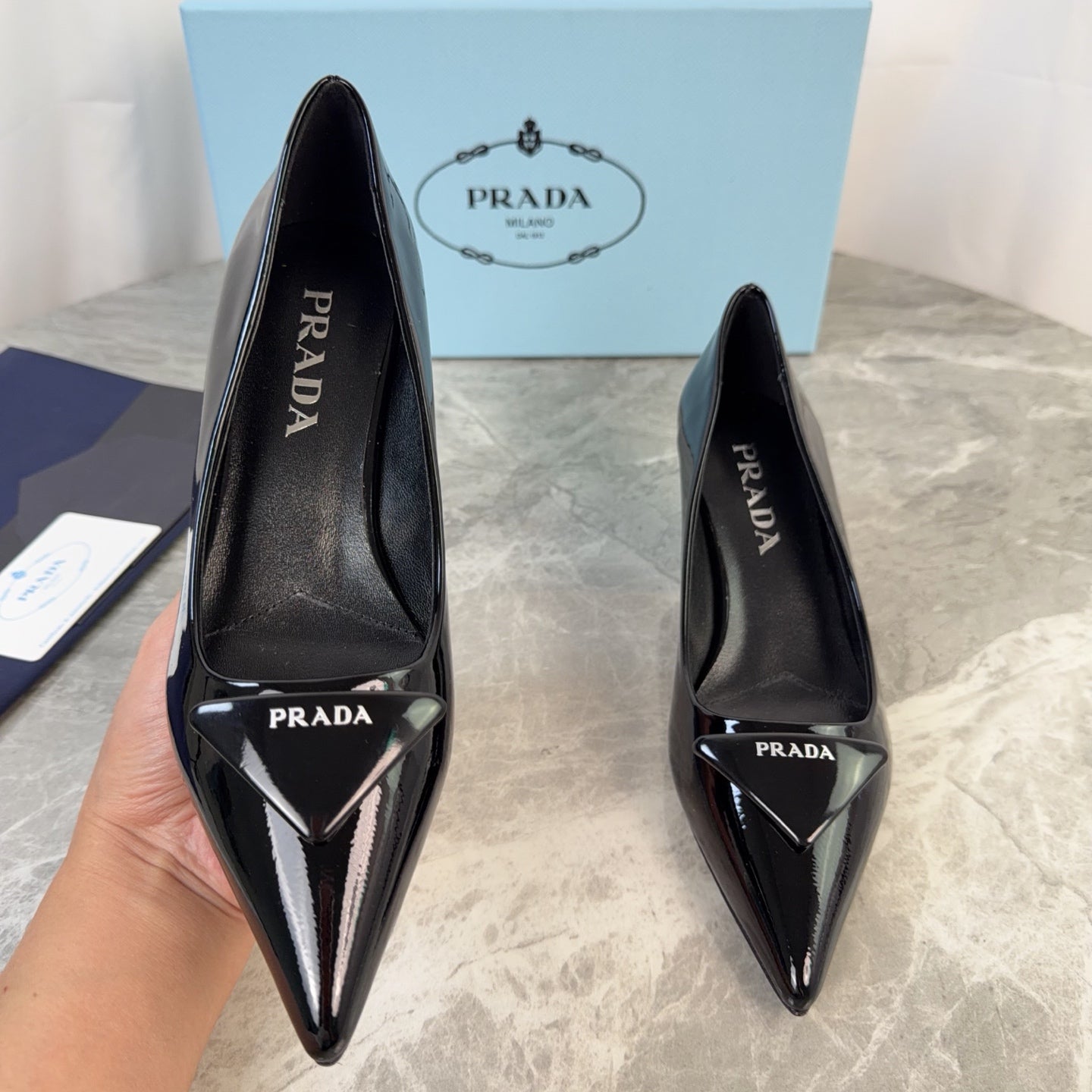 PRADA 25S POINTED-TOE HIGH HEELS 55 MM IN BLACK GLOSSY LAMBSKIN