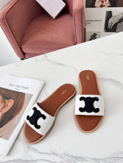 LYMPIA MULE WHITE RAFFIA AND BLACK WOOL LOGO