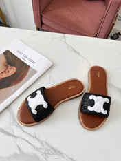 LYMPIA MULE BLACK RAFFIA AND WHITE WOOL LOGO