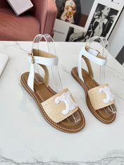 TRIOMPHE SANDALS BEIGE RAFFIA WHITE WOOL