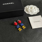 CHANEL 26S DOUBLE C LOGO MULTICOLOR FLORAL & STAR DROP EARRINGS IN GOLD METAL 630065