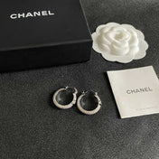 CHANEL 26S DOUBLE C LOGO FULL PAVE CRYSTAL HOOP EARRINGS IN SILVER METAL 630069