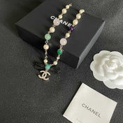 CHANEL 26S DOUBLE C LOGO MULTICOLOR GEMSTONE PEARL CHAIN BRACELET WITH CRYSTAL PENDANT IN GOLD METAL 629888