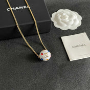 CHANEL 26S DOUBLE C LOGO WHITE ENAMEL CRYSTAL BALL PENDANT NECKLACE IN GOLD METAL 629889
