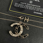 CHANEL 26S DOUBLE C LOGO CRYSTAL & BLACK ENAMEL CHAIN PENDANT NECKLACE IN SILVER METAL 631017