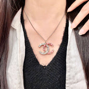 CHANEL 26S DOUBLE C LOGO CRYSTAL & PINK ENAMEL CHAIN PENDANT NECKLACE IN GOLD METAL 631018