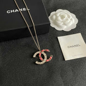 CHANEL 26S DOUBLE C LOGO CRYSTAL & PINK ENAMEL CHAIN PENDANT NECKLACE IN GOLD METAL 631018