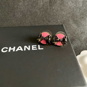 CHANEL 26S DOUBLE C LOGO BLACK BOW PINK ENAMEL ROUND STUD EARRINGS IN GOLD METAL 631023