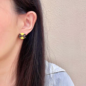 CHANEL 26S DOUBLE C LOGO BLACK BOW YELLOW ENAMEL ROUND STUD EARRINGS IN GOLD METAL 631024