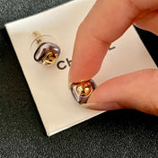 CHANEL 26S DOUBLE C LOGO GREY ENAMEL SQUARE STUD EARRINGS IN GOLD METAL 631037