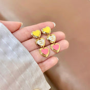 CHANEL 26S DOUBLE C LOGO MULTICOLOR HEART TRIPLE DROP EARRINGS IN GOLD METAL 633300