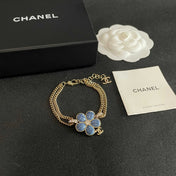 CHANEL 26S DOUBLE C LOGO BLUE ENAMEL FLOWER CHAIN BRACELET WITH CRYSTAL DETAIL IN GOLD METAL 633154
