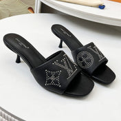 HIGH MULE IN BLACK LAMBSKIN WITH RHINSTONES 55 MM