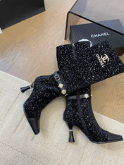 KNEE HIGH BOOTS IN BLACK CALFSKIN AND SEQUINS