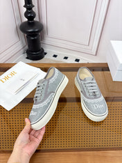DIOR 26S LOW TOP SNEAKERS IN GREY CANVAS WITH WHITE LACE TRIM & LOGO PRINT